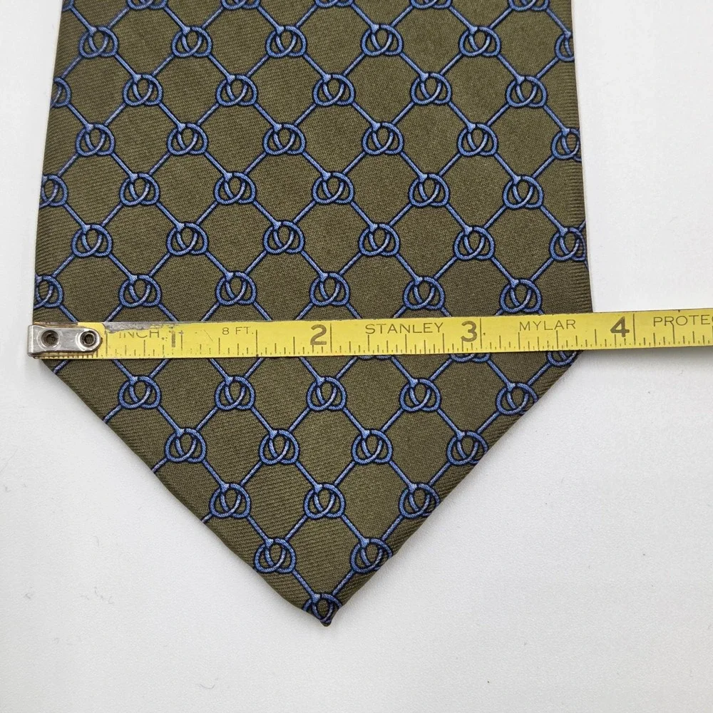 Brooks Brothers Green Silk Tie Geometric Knots‎ Pattern USA Made Mens Necktie